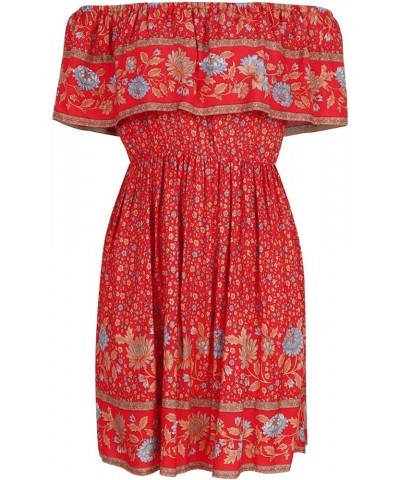 Off Shoulder Boho Floral Swing Mini Dress Summer Strapless Pleated Short Dress Red $19.07 Dresses