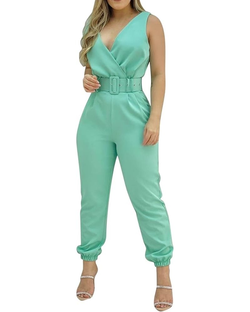 Womens Jumpsuits Casual Summer Fashion Print Slim Fit Overalls V Neck High Waists Sleeveless Rompers with Belt 01mint Green $...