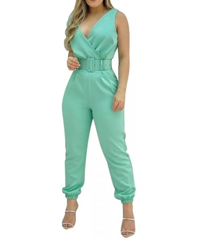 Womens Jumpsuits Casual Summer Fashion Print Slim Fit Overalls V Neck High Waists Sleeveless Rompers with Belt 01mint Green $...