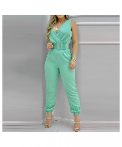 Womens Jumpsuits Casual Summer Fashion Print Slim Fit Overalls V Neck High Waists Sleeveless Rompers with Belt 01mint Green $...