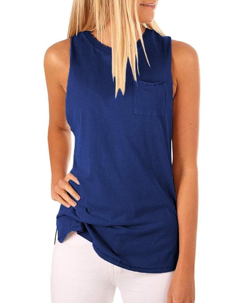 Women's High Neck Tank Tops Summer Sleeveless T Shirts Loose Fit with Pockets Deep Blue $11.00 Tanks