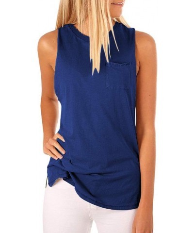 Women's High Neck Tank Tops Summer Sleeveless T Shirts Loose Fit with Pockets Deep Blue $11.00 Tanks