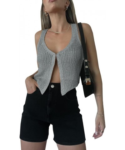 Women Knit Vest Crochet Top Sleeveless Sexy V Neck Aesthetic Y2k Casual Open Front Top Streetwear B Grey $11.75 Sweaters