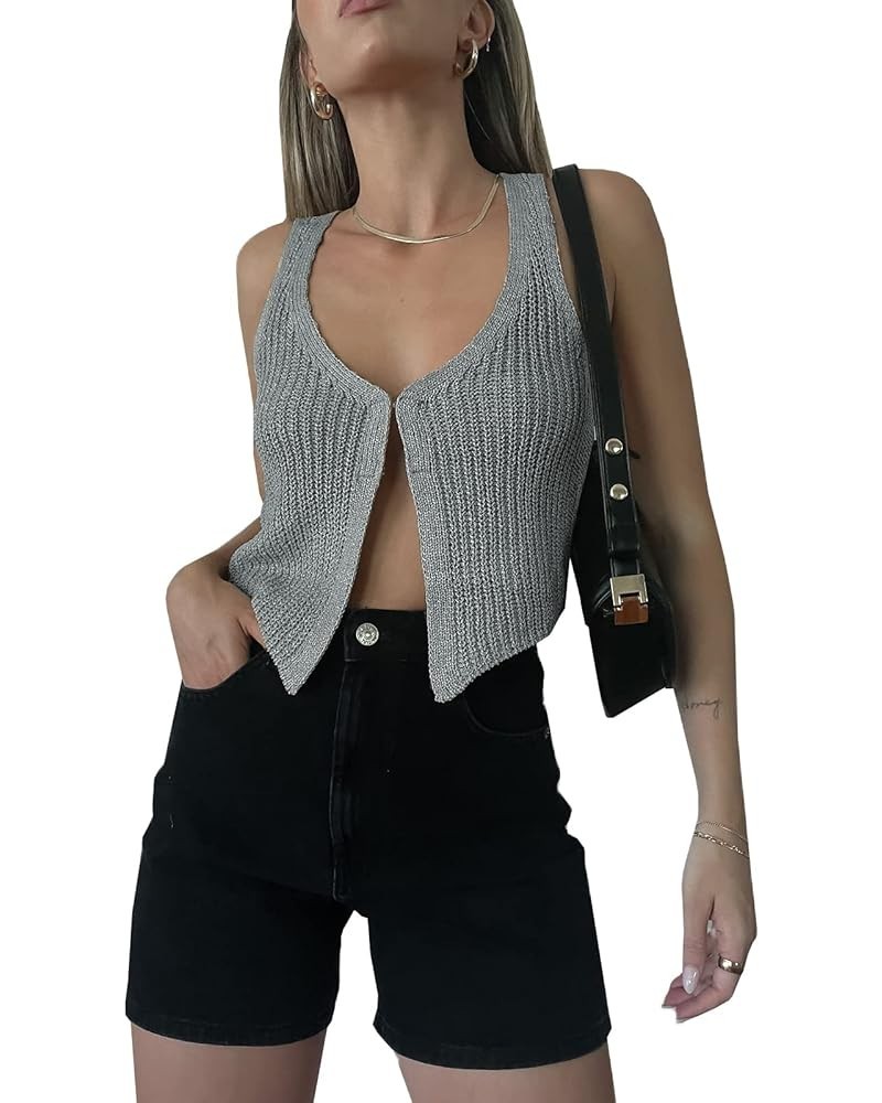 Women Knit Vest Crochet Top Sleeveless Sexy V Neck Aesthetic Y2k Casual Open Front Top Streetwear B Grey $11.75 Sweaters