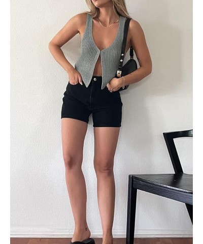 Women Knit Vest Crochet Top Sleeveless Sexy V Neck Aesthetic Y2k Casual Open Front Top Streetwear B Grey $11.75 Sweaters