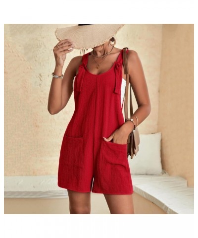 Linen Overalls for Women Women's Cotton Linen Short Overalls Casual Summer Bib Shortalls with Pockets Jumpsuit Rompers Z3 Red...