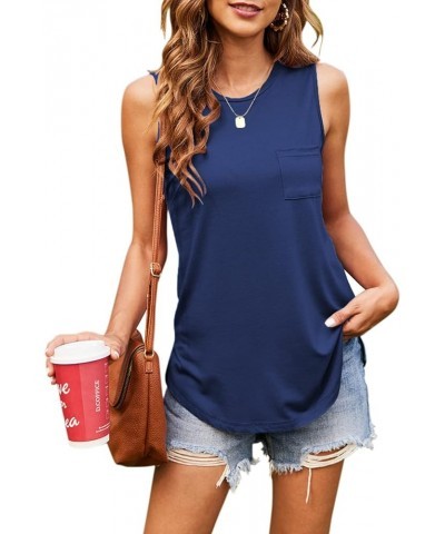 Women's High Neck Tank Tops Summer Sleeveless T Shirts Loose Fit with Pockets Deep Blue $11.00 Tanks