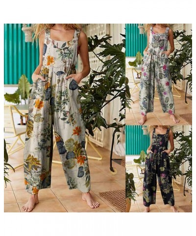 Women Baggy Jumpsuit Boho Floral Printed Loose Overall Wide Leg Pants Long Rompers with Pockets Floral Yellow $11.19 Overalls