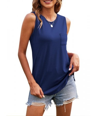 Women's High Neck Tank Tops Summer Sleeveless T Shirts Loose Fit with Pockets Deep Blue $11.00 Tanks