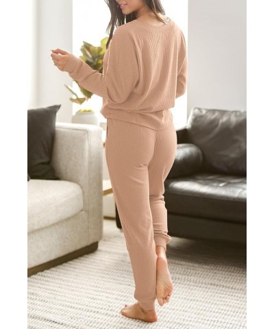 Women's 2 Piece Waffle Knit Lounge Outfit Long Sleeve Henley Top and Sweatpants Set Tracksuit Khaki $28.55 Activewear