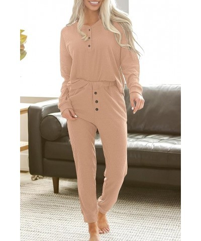 Women's 2 Piece Waffle Knit Lounge Outfit Long Sleeve Henley Top and Sweatpants Set Tracksuit Khaki $28.55 Activewear