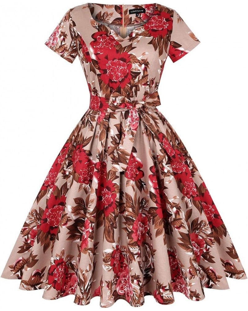 Women's 1950s Retro Vintage Rockabilly Sweetheart Cocktail Dress with Pockets Short Sleeve - Floral Brown Red $21.41 Dresses