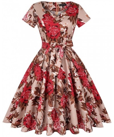 Women's 1950s Retro Vintage Rockabilly Sweetheart Cocktail Dress with Pockets Short Sleeve - Floral Brown Red $21.41 Dresses