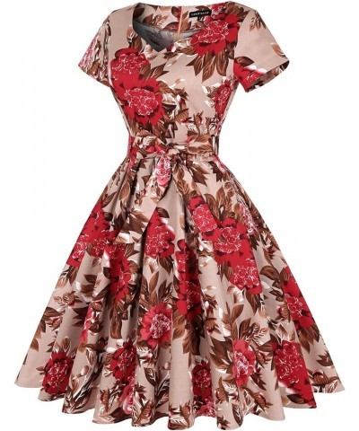 Women's 1950s Retro Vintage Rockabilly Sweetheart Cocktail Dress with Pockets Short Sleeve - Floral Brown Red $21.41 Dresses