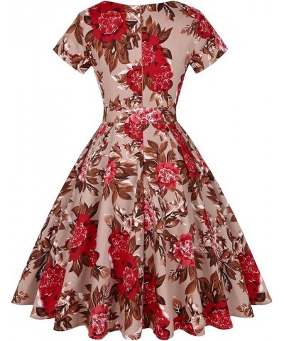 Women's 1950s Retro Vintage Rockabilly Sweetheart Cocktail Dress with Pockets Short Sleeve - Floral Brown Red $21.41 Dresses