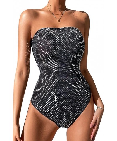 Women's Satin Strapless Rhinestone Sleeveless Fitted Party Tube Bodysuit Metallized Black $11.25 Bodysuits