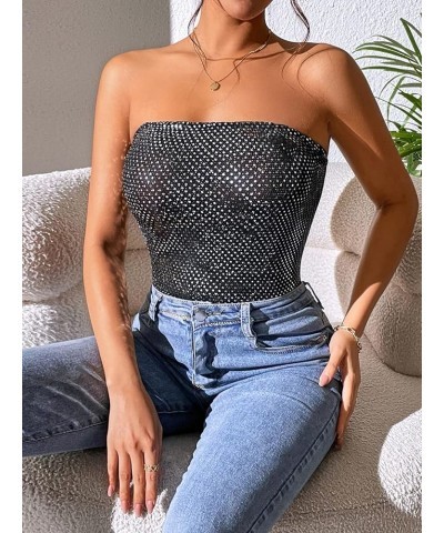 Women's Satin Strapless Rhinestone Sleeveless Fitted Party Tube Bodysuit Metallized Black $11.25 Bodysuits