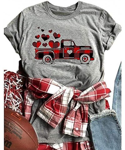 Valentine's Day Shirts Women Funny Buffalo Plaid Leopard Love Heart Printed T-Shirts Short Sleeve Graphic Tee Tops Plaid Car ...