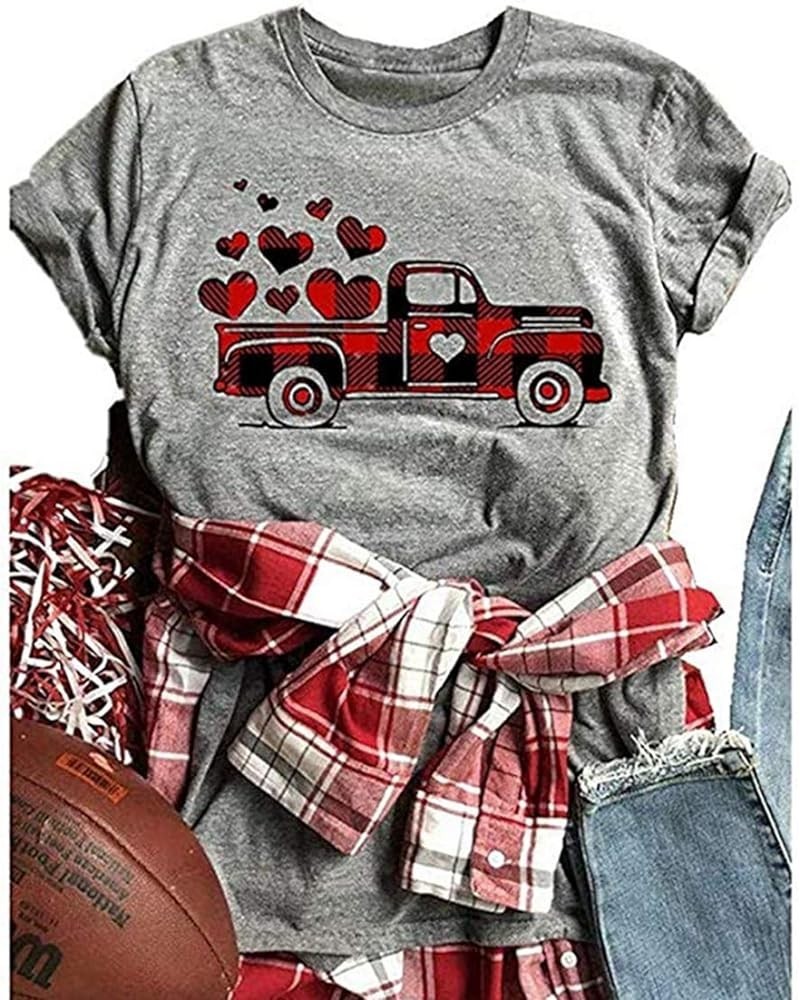 Valentine's Day Shirts Women Funny Buffalo Plaid Leopard Love Heart Printed T-Shirts Short Sleeve Graphic Tee Tops Plaid Car ...