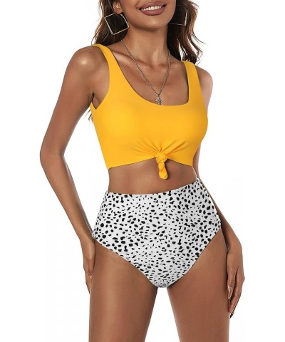 Women's High Waisted Bikini Scoop Neck Swimsuit Two Pieces Bathing Suit Bright Yellow&white-dalmatian $20.59 Swimsuits