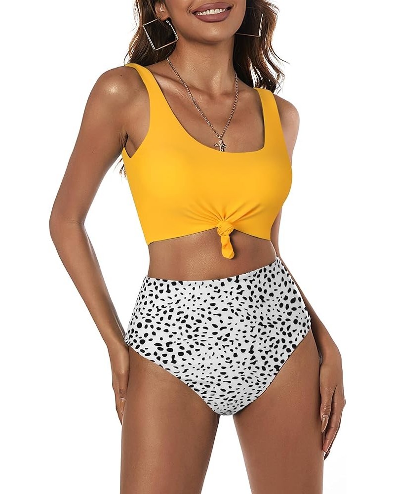 Women's High Waisted Bikini Scoop Neck Swimsuit Two Pieces Bathing Suit Bright Yellow&white-dalmatian $20.59 Swimsuits