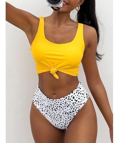 Women's High Waisted Bikini Scoop Neck Swimsuit Two Pieces Bathing Suit Bright Yellow&white-dalmatian $20.59 Swimsuits