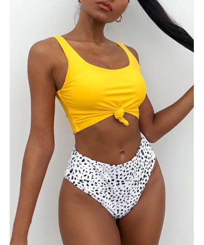 Women's High Waisted Bikini Scoop Neck Swimsuit Two Pieces Bathing Suit Bright Yellow&white-dalmatian $20.59 Swimsuits