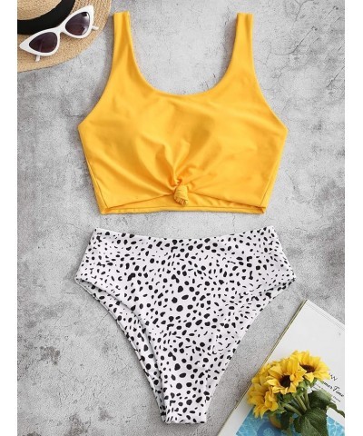 Women's High Waisted Bikini Scoop Neck Swimsuit Two Pieces Bathing Suit Bright Yellow&white-dalmatian $20.59 Swimsuits