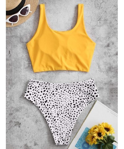 Women's High Waisted Bikini Scoop Neck Swimsuit Two Pieces Bathing Suit Bright Yellow&white-dalmatian $20.59 Swimsuits