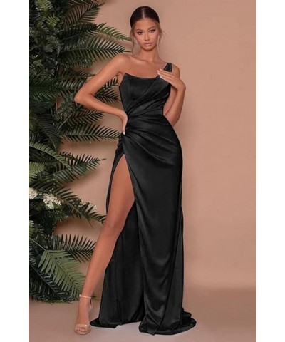 Women's Mermaid One Shoulder Prom Dress with Slit Long Ruched Satin Bridesmaid Dresses for Wedding Formal Party Gown Royal Bl...