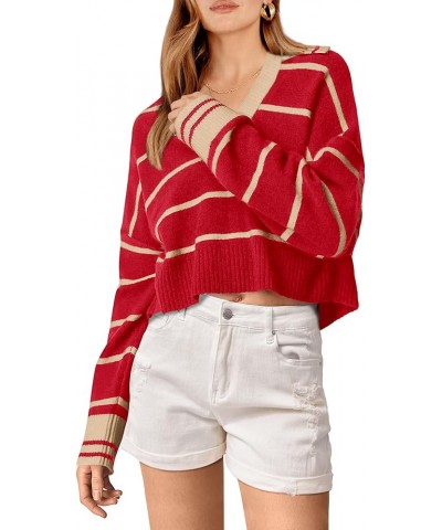 Women's Pullover Striped Sweaters Casual Lapel V Neck Long Sleeve Ribbed Knit Loose Jumper Top Red $11.59 Sweaters