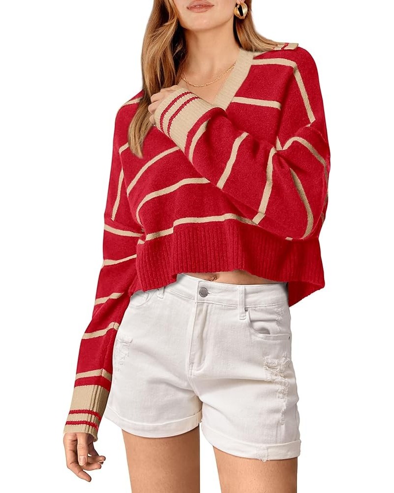 Women's Pullover Striped Sweaters Casual Lapel V Neck Long Sleeve Ribbed Knit Loose Jumper Top Red $11.59 Sweaters