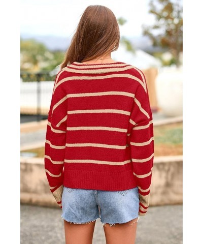 Women's Pullover Striped Sweaters Casual Lapel V Neck Long Sleeve Ribbed Knit Loose Jumper Top Red $11.59 Sweaters