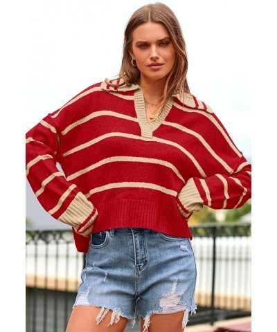 Women's Pullover Striped Sweaters Casual Lapel V Neck Long Sleeve Ribbed Knit Loose Jumper Top Red $11.59 Sweaters