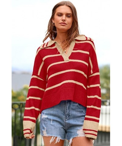 Women's Pullover Striped Sweaters Casual Lapel V Neck Long Sleeve Ribbed Knit Loose Jumper Top Red $11.59 Sweaters