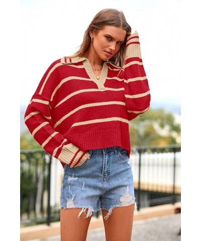 Women's Pullover Striped Sweaters Casual Lapel V Neck Long Sleeve Ribbed Knit Loose Jumper Top Red $11.59 Sweaters