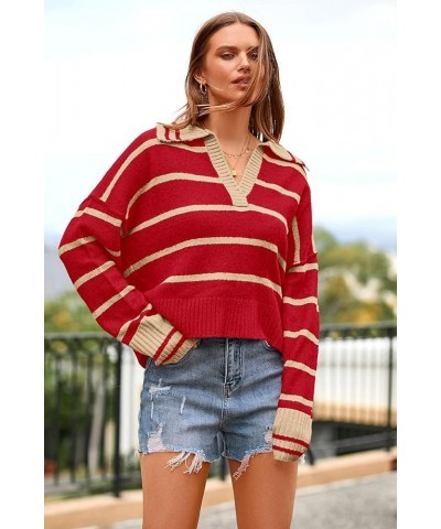 Women's Pullover Striped Sweaters Casual Lapel V Neck Long Sleeve Ribbed Knit Loose Jumper Top Red $11.59 Sweaters