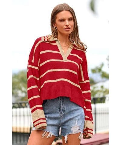 Women's Pullover Striped Sweaters Casual Lapel V Neck Long Sleeve Ribbed Knit Loose Jumper Top Red $11.59 Sweaters