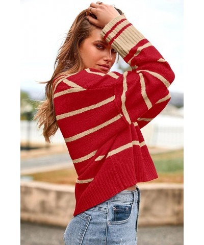 Women's Pullover Striped Sweaters Casual Lapel V Neck Long Sleeve Ribbed Knit Loose Jumper Top Red $11.59 Sweaters