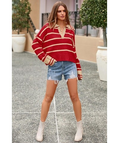 Women's Pullover Striped Sweaters Casual Lapel V Neck Long Sleeve Ribbed Knit Loose Jumper Top Red $11.59 Sweaters