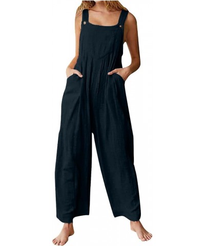 Women's Casual Jumpsuit 2023 Sleeveless Vest Square Neck Pleated Wide Leg One-Piece Belt Pocket Overalls 5-navy $11.19 Overalls