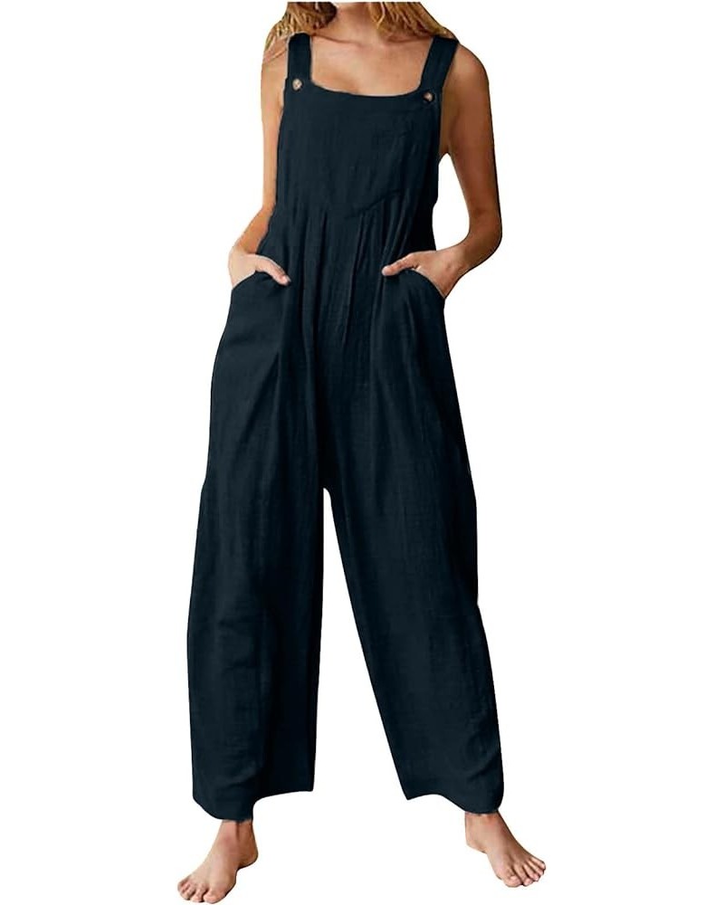 Women's Casual Jumpsuit 2023 Sleeveless Vest Square Neck Pleated Wide Leg One-Piece Belt Pocket Overalls 5-navy $11.19 Overalls