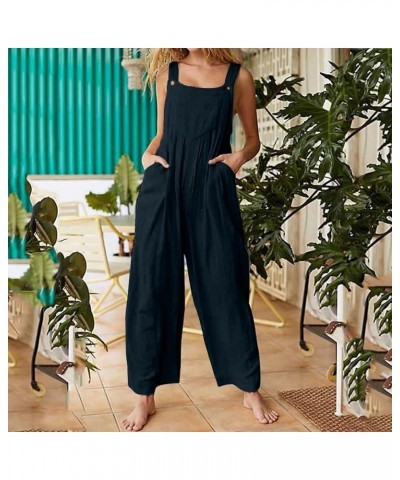 Women's Casual Jumpsuit 2023 Sleeveless Vest Square Neck Pleated Wide Leg One-Piece Belt Pocket Overalls 5-navy $11.19 Overalls