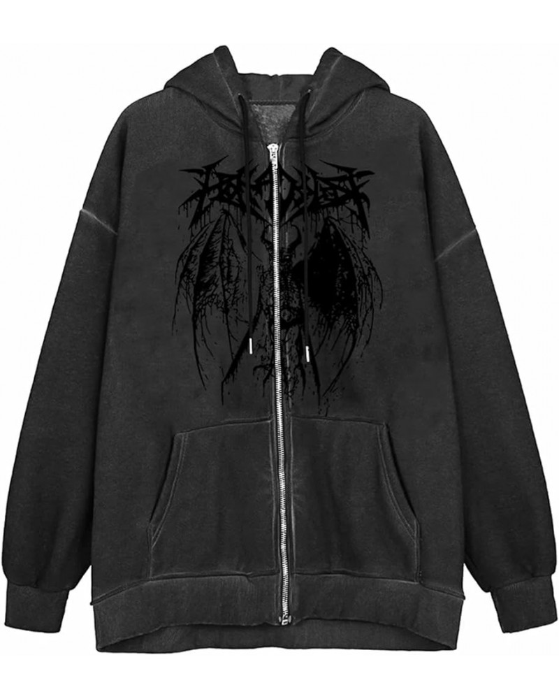 Y2k Zip Up Hoodie Women Men Vintage Oversized Sweatshirt Teen Girl Grunge Harajuku Aesthetic Graphic Goth Jacket Black Devil ...