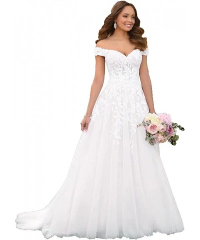 Long Wedding Dresses for Bride 2022 A-line Tulle Lace Appliques Formal Gown with Train 03-white $42.24 Dresses