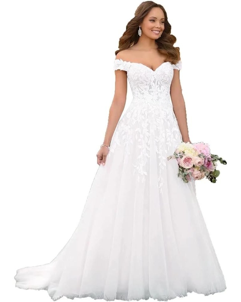 Long Wedding Dresses for Bride 2022 A-line Tulle Lace Appliques Formal Gown with Train 03-white $42.24 Dresses