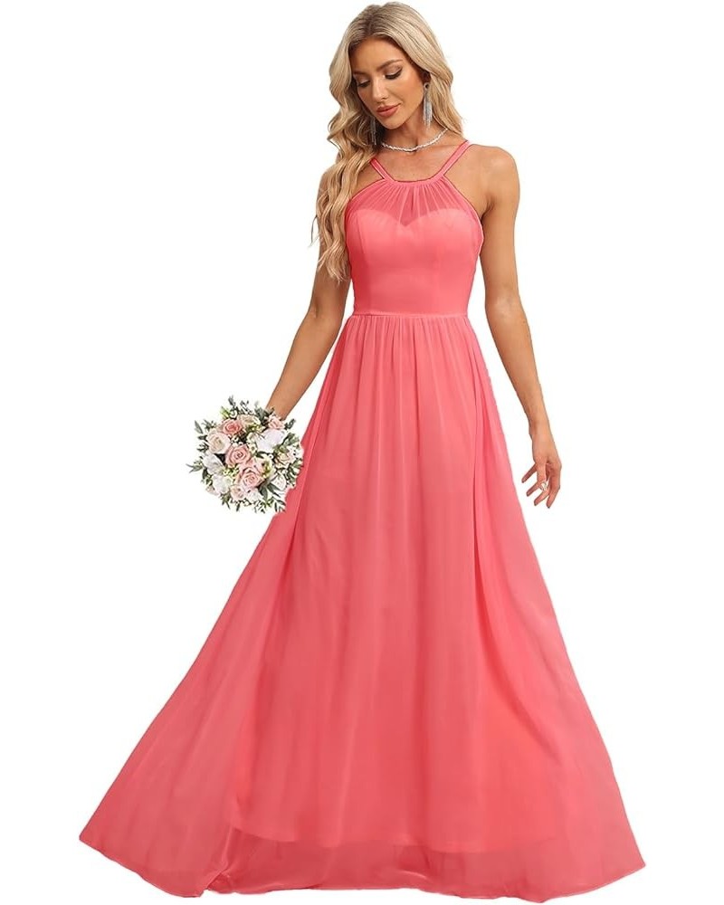 Chiffon Halter Bridesmaid Dresses for Wedding 2024 Long A Line Formal Evening Prom Party Gown Watermelon $25.25 Dresses