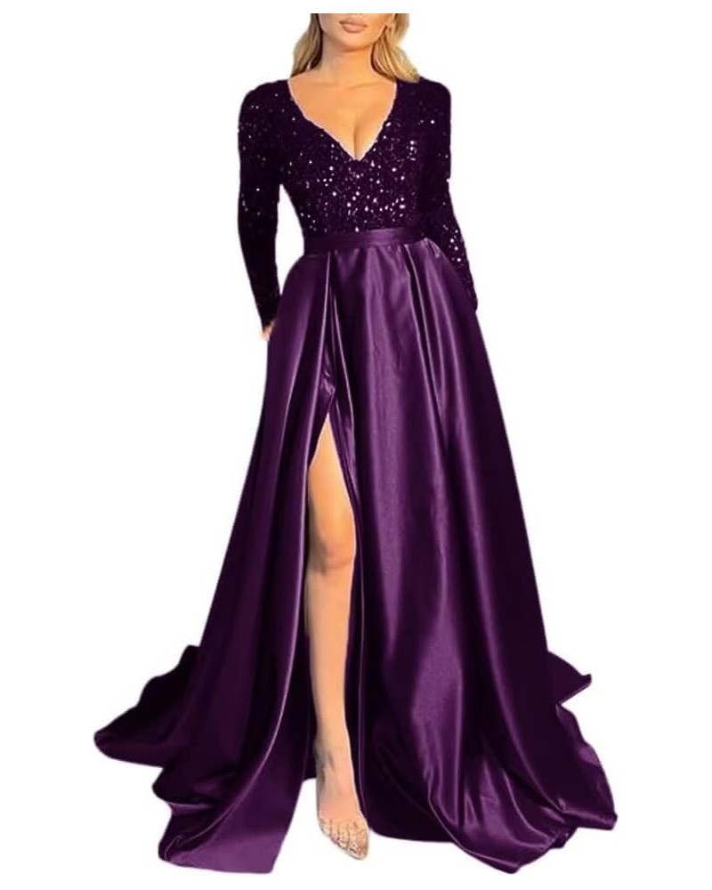 Long Sleeve Formal Dress for Women V-Neck Evening Dress with Split Sequin Prom Dress Long Satin Dress with a Sheen Plum $34.1...