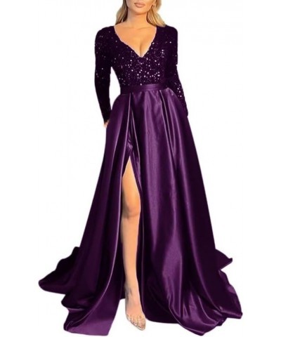 Long Sleeve Formal Dress for Women V-Neck Evening Dress with Split Sequin Prom Dress Long Satin Dress with a Sheen Plum $34.1...