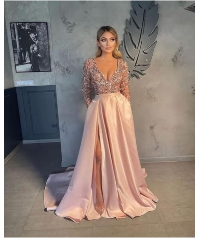 Long Sleeve Formal Dress for Women V-Neck Evening Dress with Split Sequin Prom Dress Long Satin Dress with a Sheen Plum $34.1...